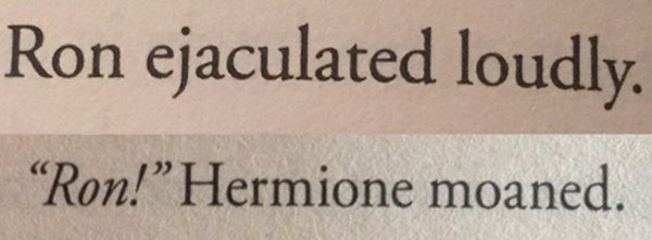 The image reads: Ron ejaculated loudly. "Ron!" Hermione moaned.
